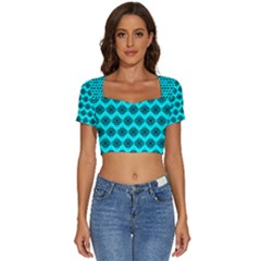 Abstract Knot Geometric Tile Pattern Short Sleeve Square Neckline Crop Top  by GardenOfOphir