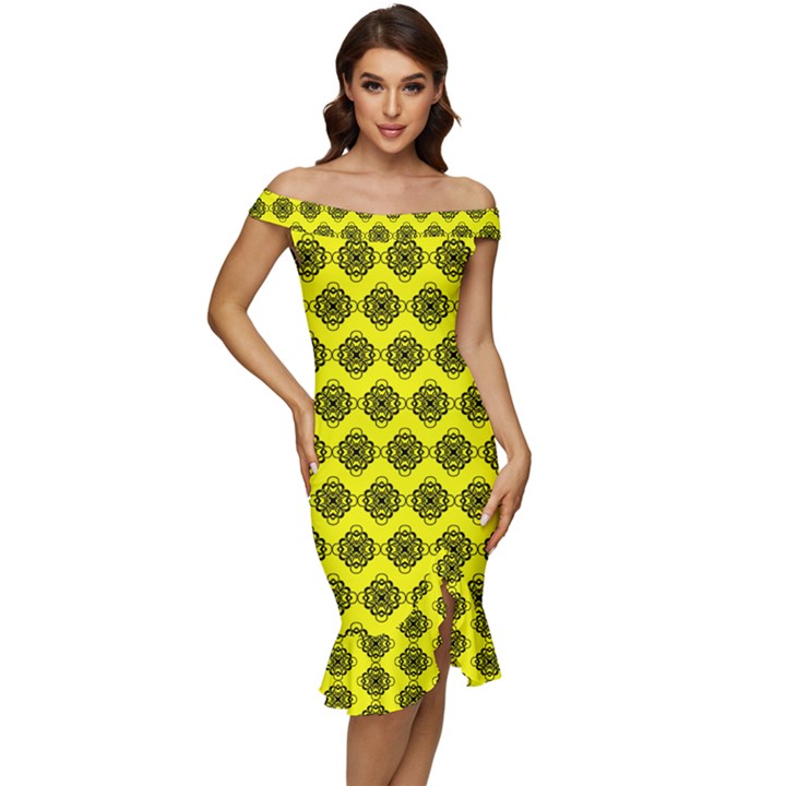 Abstract Knot Geometric Tile Pattern Off Shoulder Ruffle Split Hem Bodycon Dress