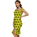 Abstract Knot Geometric Tile Pattern Off Shoulder Ruffle Split Hem Bodycon Dress View2