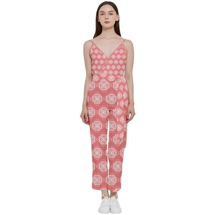 Abstract Knot Geometric Tile Pattern V-Neck Spaghetti Strap Tie Front Jumpsuit