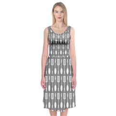 Gray And White Kitchen Utensils Pattern Midi Sleeveless Dress by GardenOfOphir