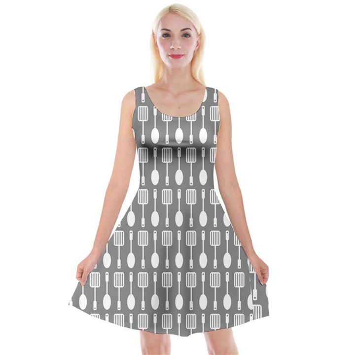 Gray And White Kitchen Utensils Pattern Reversible Velvet Sleeveless Dress