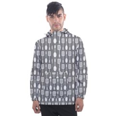 Gray And White Kitchen Utensils Pattern Men s Front Pocket Pullover Windbreaker by GardenOfOphir