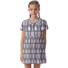 Gray And White Kitchen Utensils Pattern Kids  Asymmetric Collar Dress by GardenOfOphir