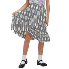 Gray And White Kitchen Utensils Pattern Kids  Ruffle Flared Wrap Midi Skirt by GardenOfOphir