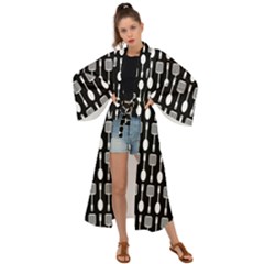 Black And White Spatula Spoon Pattern Maxi Kimono by GardenOfOphir