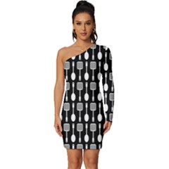 Black And White Spatula Spoon Pattern Long Sleeve One Shoulder Mini Dress by GardenOfOphir