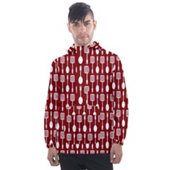 Red And White Kitchen Utensils Pattern Men s Front Pocket Pullover Windbreaker by GardenOfOphir