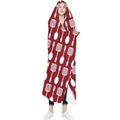 Red And White Kitchen Utensils Pattern Wearable Blanket by GardenOfOphir