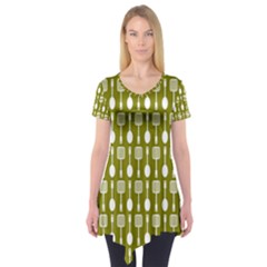 Olive Green Spatula Spoon Pattern Short Sleeve Tunic  by GardenOfOphir