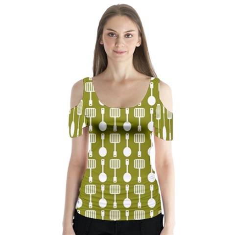 Olive Green Spatula Spoon Pattern Butterfly Sleeve Cutout Tee  by GardenOfOphir