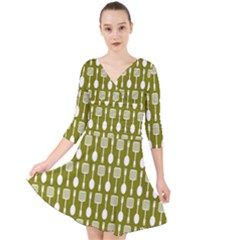 Olive Green Spatula Spoon Pattern Quarter Sleeve Front Wrap Dress by GardenOfOphir