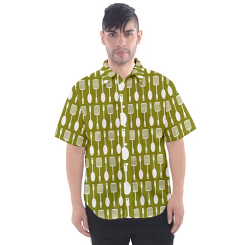 Olive Green Spatula Spoon Pattern Men s Short Sleeve Shirt by GardenOfOphir