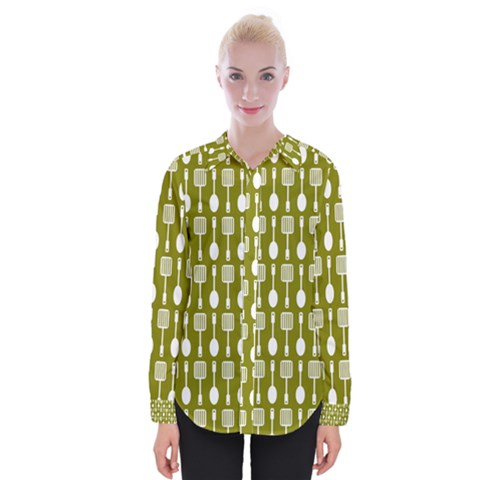 Olive Green Spatula Spoon Pattern Womens Long Sleeve Shirt by GardenOfOphir