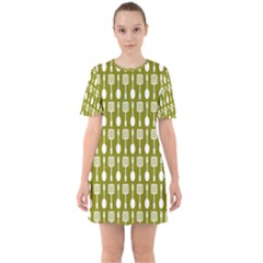 Olive Green Spatula Spoon Pattern Sixties Short Sleeve Mini Dress by GardenOfOphir