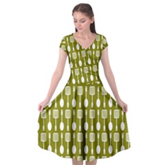 Olive Green Spatula Spoon Pattern Cap Sleeve Wrap Front Dress by GardenOfOphir