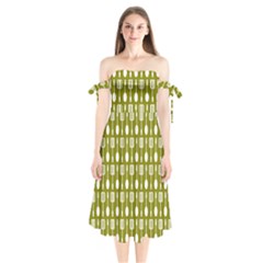 Olive Green Spatula Spoon Pattern Shoulder Tie Bardot Midi Dress by GardenOfOphir