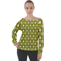 Olive Green Spatula Spoon Pattern Off Shoulder Long Sleeve Velour Top by GardenOfOphir