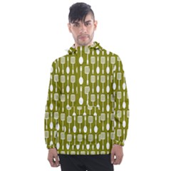 Olive Green Spatula Spoon Pattern Men s Front Pocket Pullover Windbreaker by GardenOfOphir