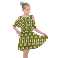 Olive Green Spatula Spoon Pattern Kids  Shoulder Cutout Chiffon Dress by GardenOfOphir