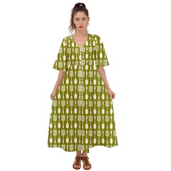 Olive Green Spatula Spoon Pattern Kimono Sleeve Boho Dress by GardenOfOphir