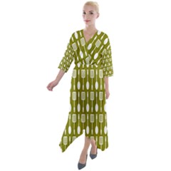 Olive Green Spatula Spoon Pattern Quarter Sleeve Wrap Front Maxi Dress by GardenOfOphir