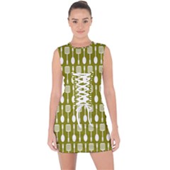 Olive Green Spatula Spoon Pattern Lace Up Front Bodycon Dress by GardenOfOphir