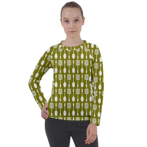 Olive Green Spatula Spoon Pattern Women s Long Sleeve Raglan Tee by GardenOfOphir