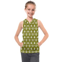 Olive Green Spatula Spoon Pattern Kids  Sleeveless Hoodie by GardenOfOphir