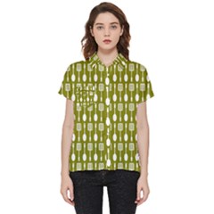 Olive Green Spatula Spoon Pattern Short Sleeve Pocket Shirt by GardenOfOphir