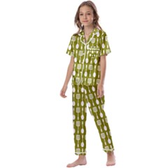 Olive Green Spatula Spoon Pattern Kids  Satin Short Sleeve Pajamas Set by GardenOfOphir