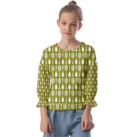 Olive Green Spatula Spoon Pattern Kids  Cuff Sleeve Top by GardenOfOphir