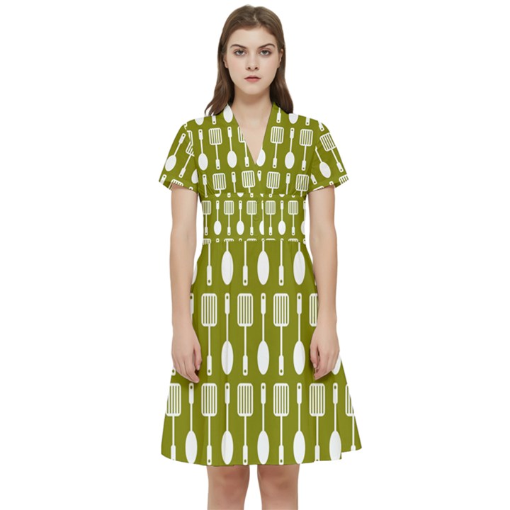 Olive Green Spatula Spoon Pattern Short Sleeve Waist Detail Dress