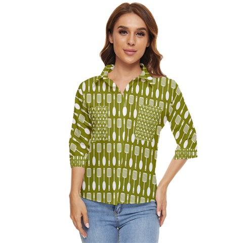 Olive Green Spatula Spoon Pattern Women s Quarter Sleeve Pocket Shirt by GardenOfOphir