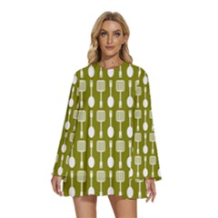 Olive Green Spatula Spoon Pattern Round Neck Long Sleeve Bohemian Style Chiffon Mini Dress by GardenOfOphir