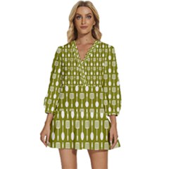 Olive Green Spatula Spoon Pattern V-neck Placket Mini Dress by GardenOfOphir