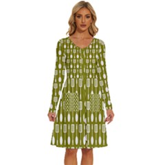 Olive Green Spatula Spoon Pattern Long Sleeve Dress With Pocket by GardenOfOphir