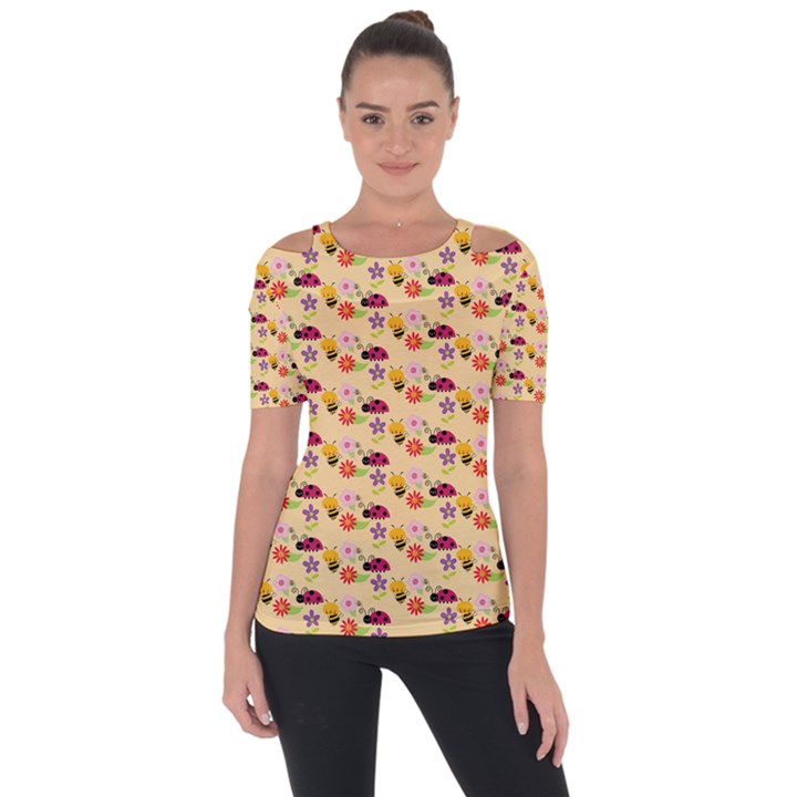 Colorful Ladybug Bess And Flowers Pattern Shoulder Cut Out Short Sleeve Top