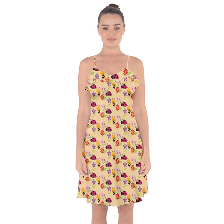 Colorful Ladybug Bess And Flowers Pattern Ruffle Detail Chiffon Dress