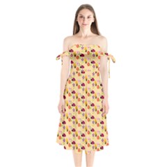 Colorful Ladybug Bess And Flowers Pattern Shoulder Tie Bardot Midi Dress by GardenOfOphir