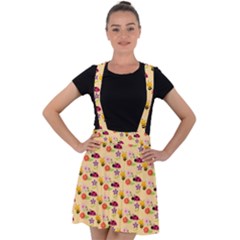 Colorful Ladybug Bess And Flowers Pattern Velvet Suspender Skater Skirt by GardenOfOphir