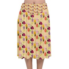 Colorful Ladybug Bess And Flowers Pattern Velvet Flared Midi Skirt by GardenOfOphir