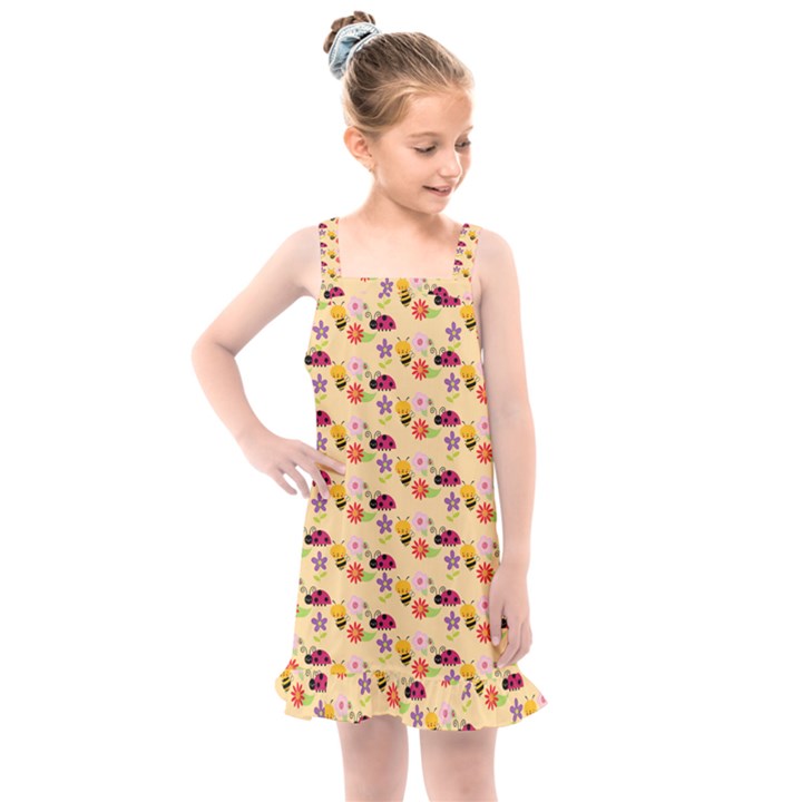 Colorful Ladybug Bess And Flowers Pattern Kids  Overall Dress