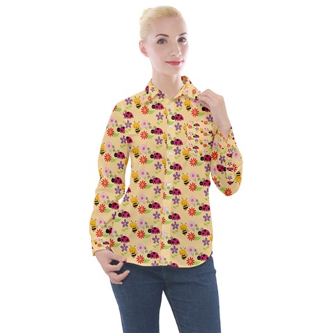 Colorful Ladybug Bess And Flowers Pattern Women s Long Sleeve Pocket Shirt by GardenOfOphir