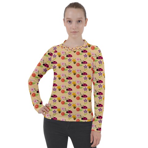 Colorful Ladybug Bess And Flowers Pattern Women s Pique Long Sleeve Tee by GardenOfOphir