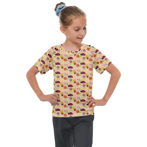 Colorful Ladybug Bess And Flowers Pattern Kids  Mesh Piece Tee by GardenOfOphir