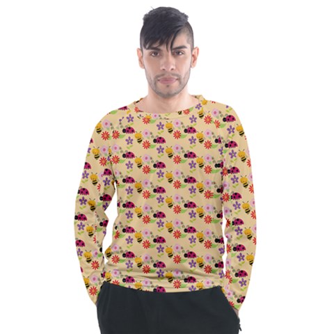 Colorful Ladybug Bess And Flowers Pattern Men s Long Sleeve Raglan Tee by GardenOfOphir