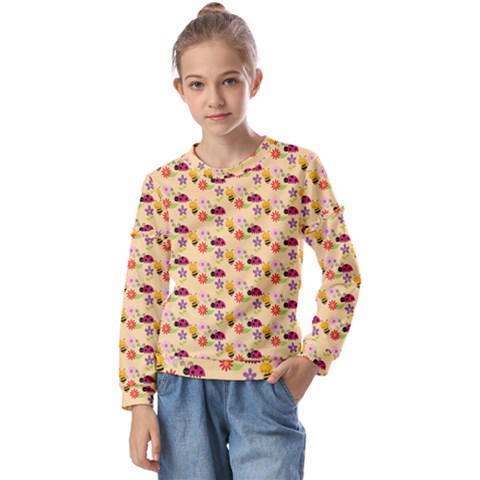 Colorful Ladybug Bess And Flowers Pattern Kids  Long Sleeve Tee With Frill  by GardenOfOphir