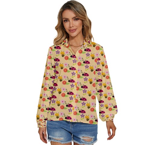 Colorful Ladybug Bess And Flowers Pattern Women s Long Sleeve Button Down Shirt by GardenOfOphir