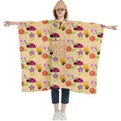 Colorful Ladybug Bess And Flowers Pattern Women s Hooded Rain Ponchos